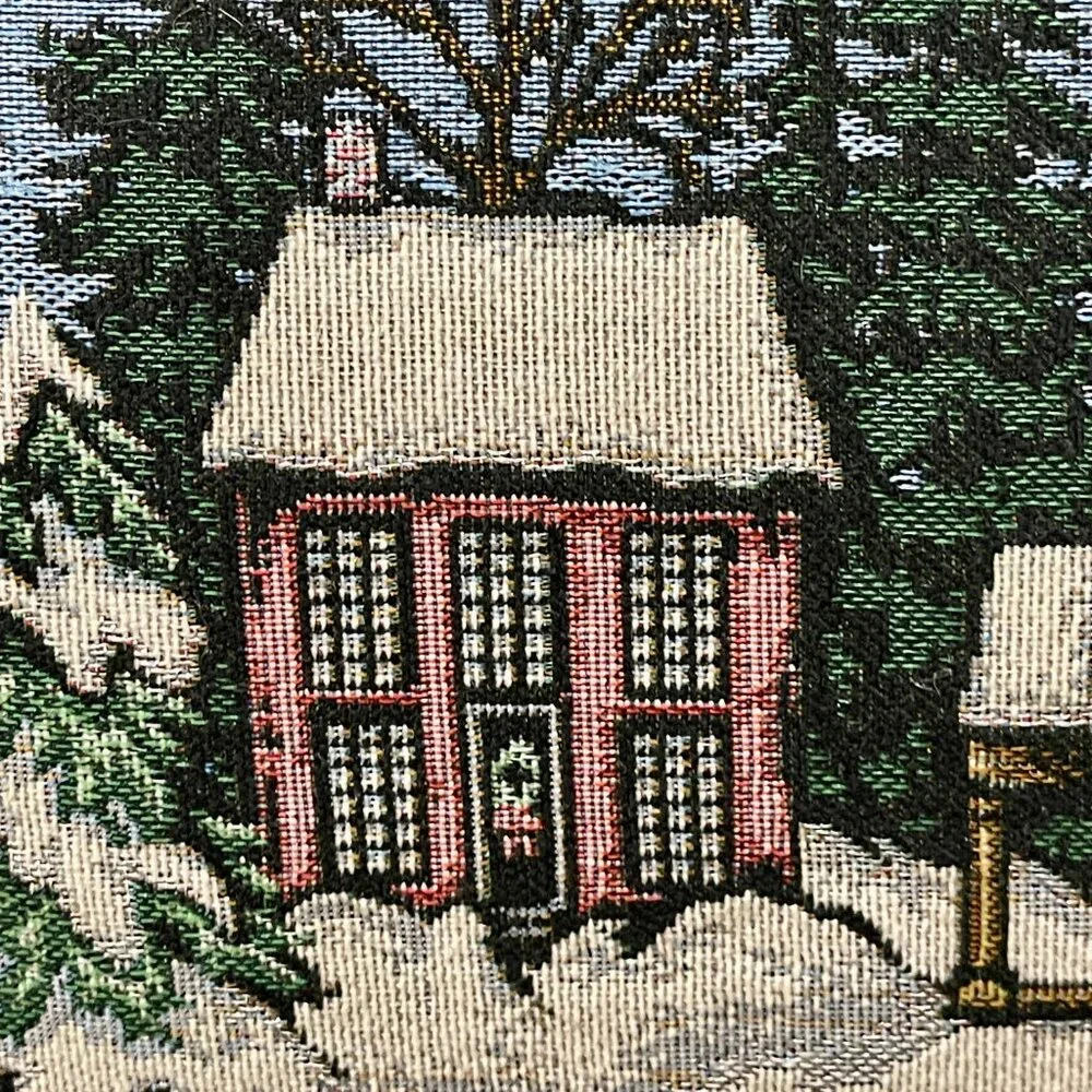 Winter Christmas Pillow Rectangle Church Village Blue Silver Holiday